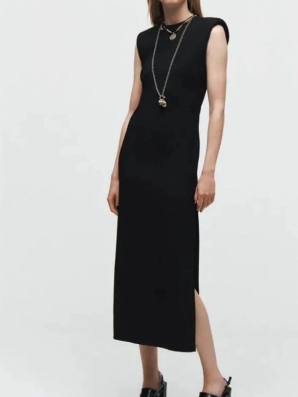 New Zara Shoulder Pad Sleeveless Side Slits Black Midi Dress 8190/409 Small NWT